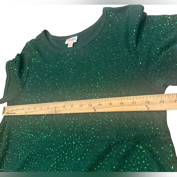 LuLaRoe Carly Swing Dress Size Medium Green Sparkle Short Sleeve Flowy Relaxed - Picture 8 of 9